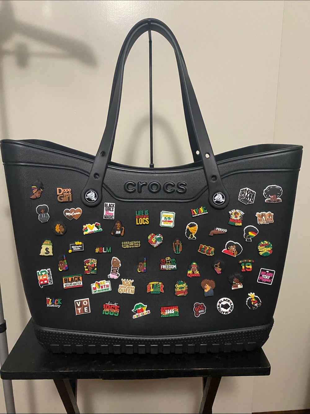 CROCS Large Black Tote Bag with African American Empowerment Jibbitz Charms
